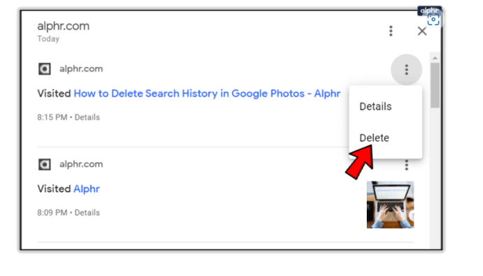Google My Activity page - Delete